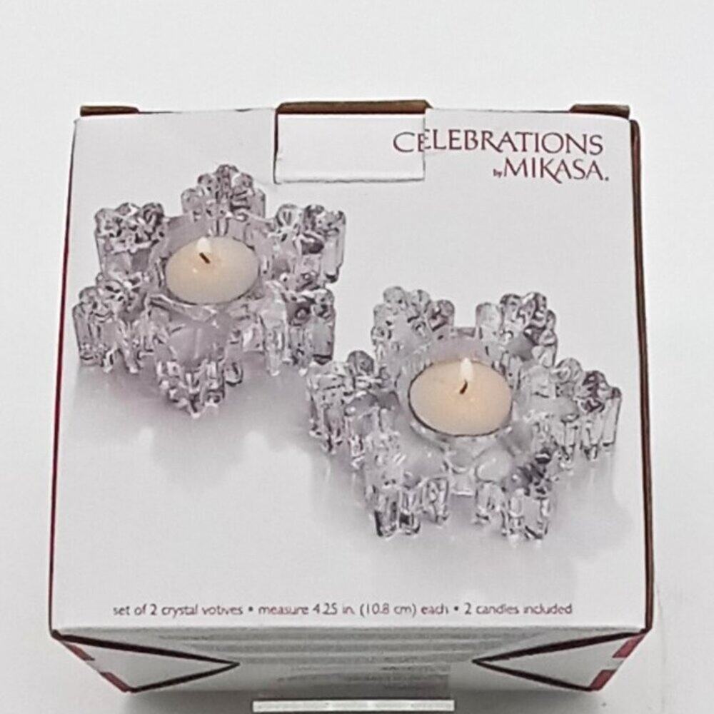 Celebration by Mikasa Rejoice Snowflake Crystal Tealight Holders Set of 2 NIB
